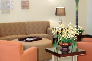 Plant and couches in the lobby of Canyon Vista