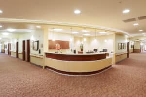 Front desk at Canyon Vista Post Acute with carpeted floors